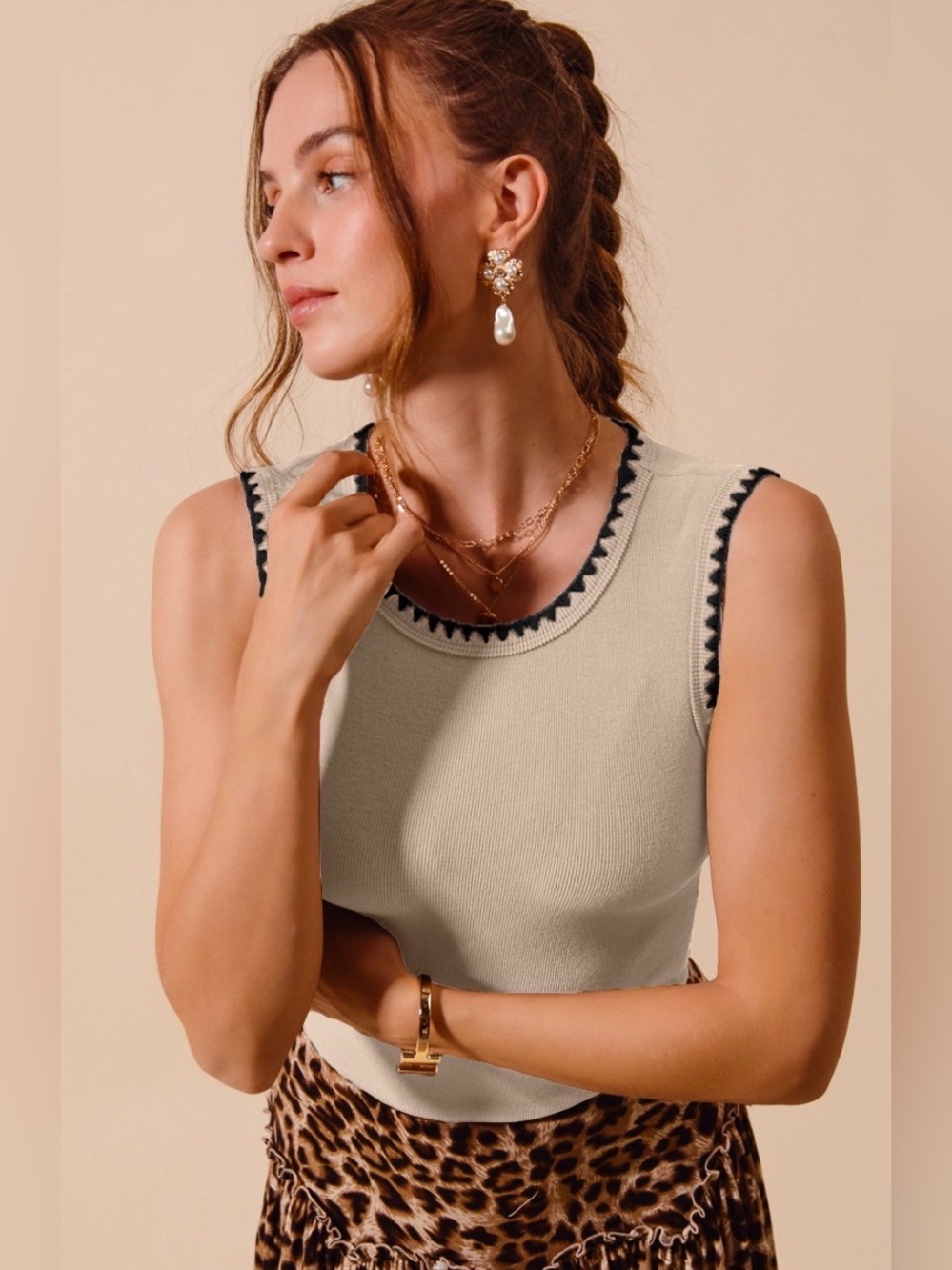 So Me Cream sweater Knit Tank with Black Trim